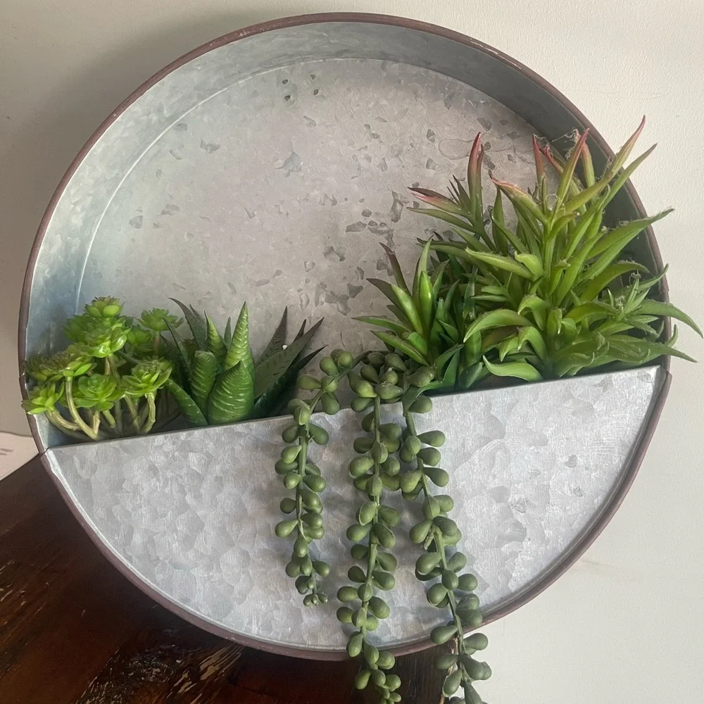 Galvanized Metal Wall Planter with Green Succulents